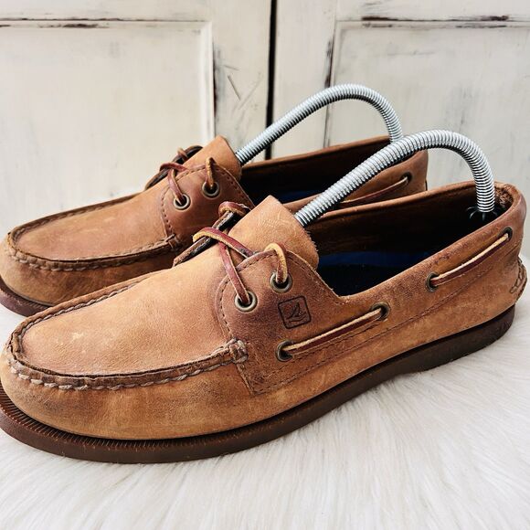 Sperry Top Sider Brown Leather Slip on Loafers Boat Shoes Leather Laces Mens 9M - Picture 1 of 8